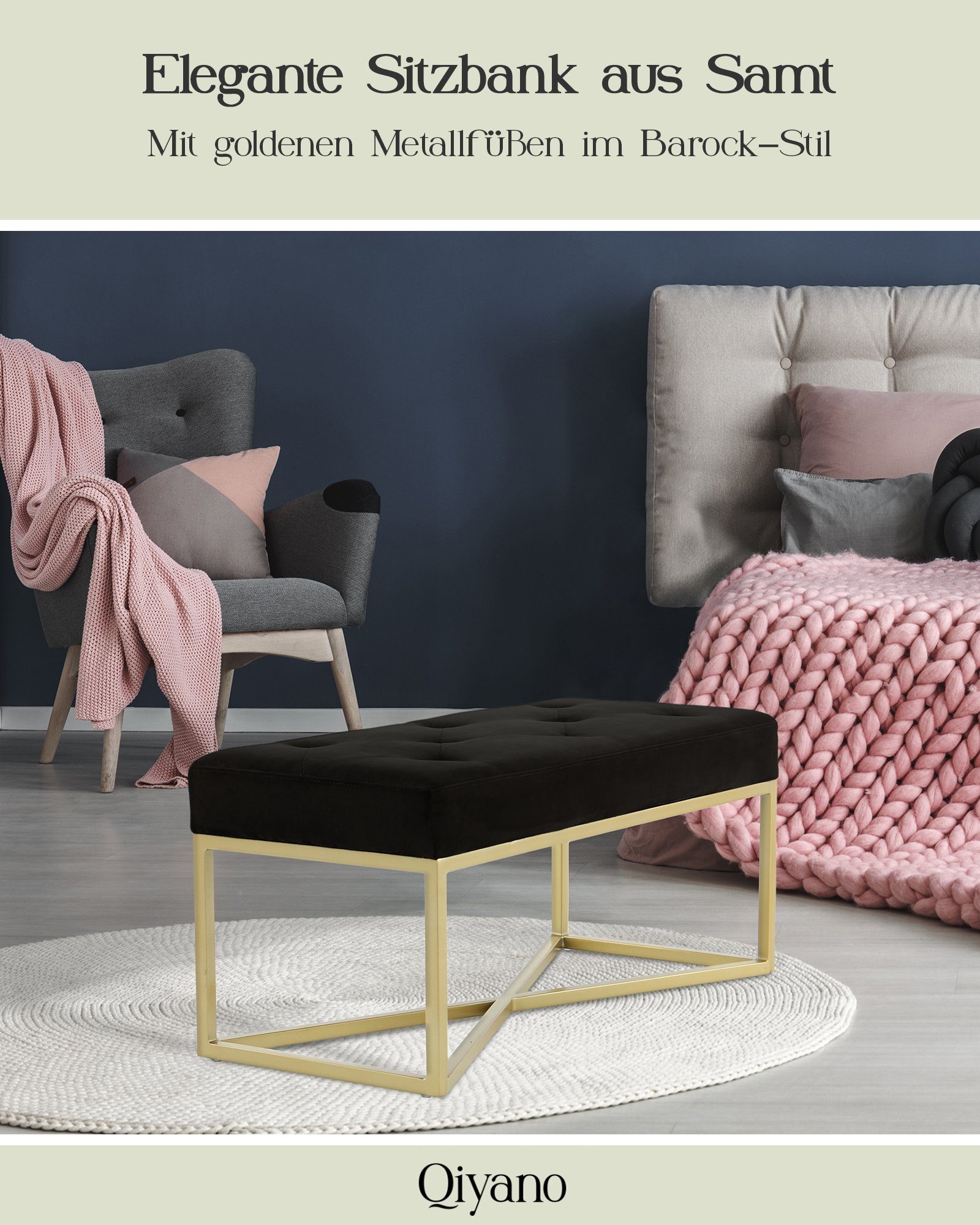Qiyano Sitzbank Sitz- Samt Metallfüßen Polsterbank Gesteppte Schwarz Barock-Stil mit goldenen