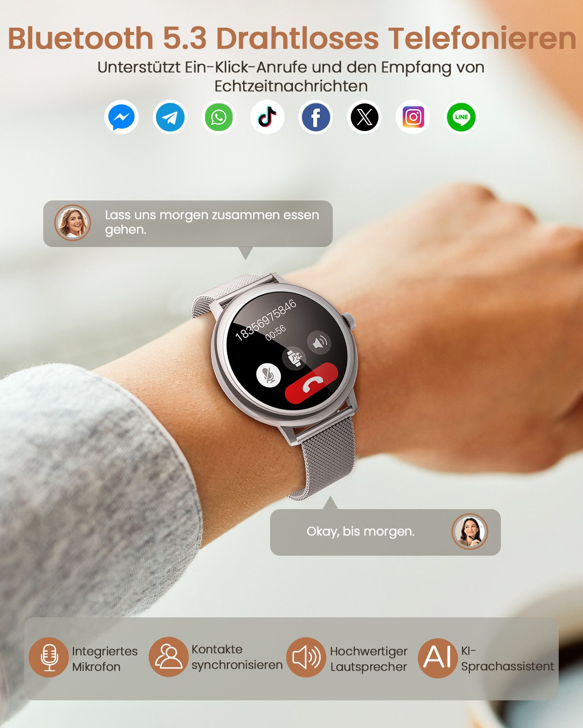 SWGOTA 2026 NEW Smartwatch Damen Rund 800mAh mit 2 austauschbare Armbänder Smartwatch (1.19 Zoll), AMOLED Display Smartwatch für Damen mit Telefonfunktion, Herzfrequenz, SpO2/Schlafmonitor/Menstruationszyklus