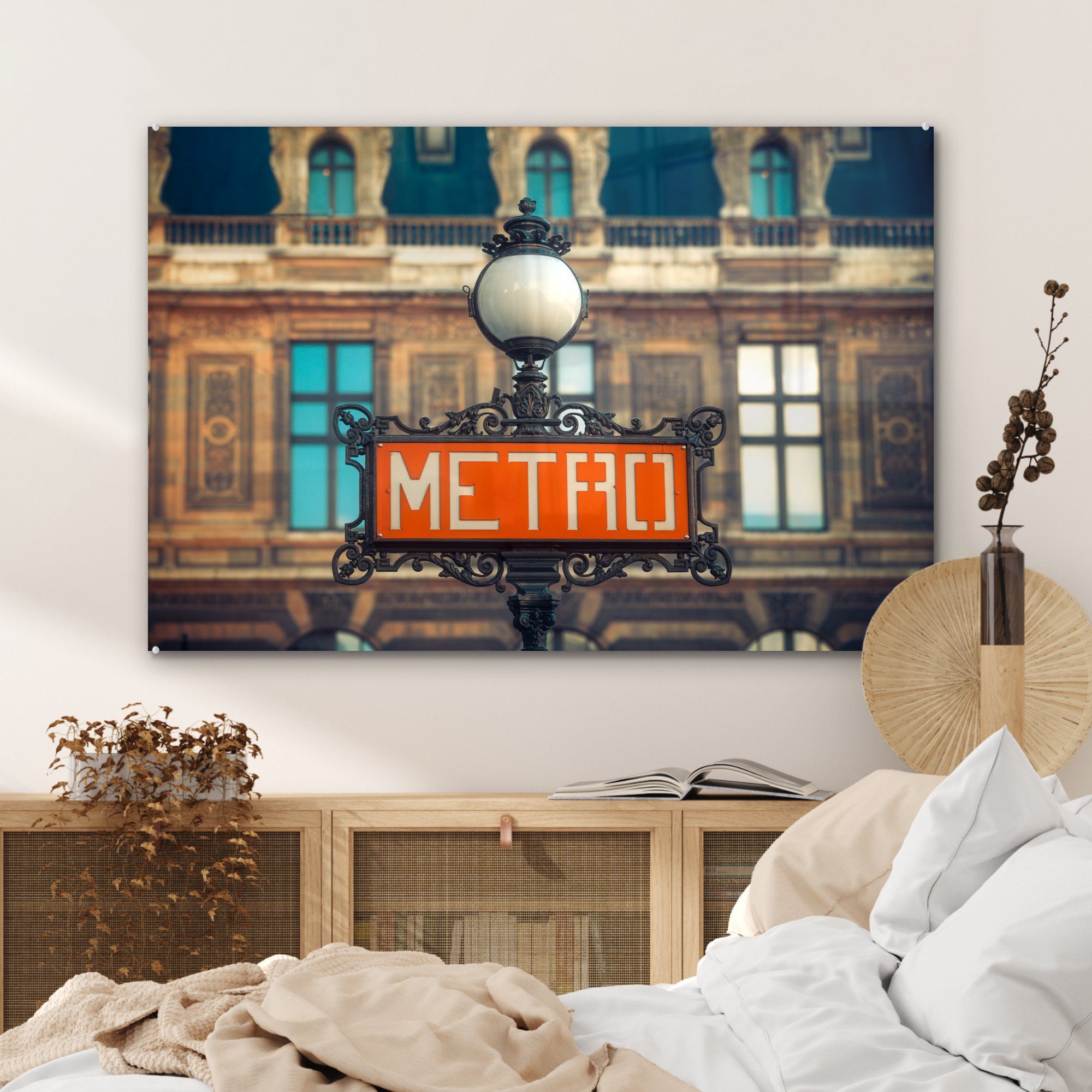 (1 Straße Schlafzimmer St), auf der Metroschild Paris, & Wohnzimmer Rotes Acrylglasbilder Acrylglasbild in MuchoWow