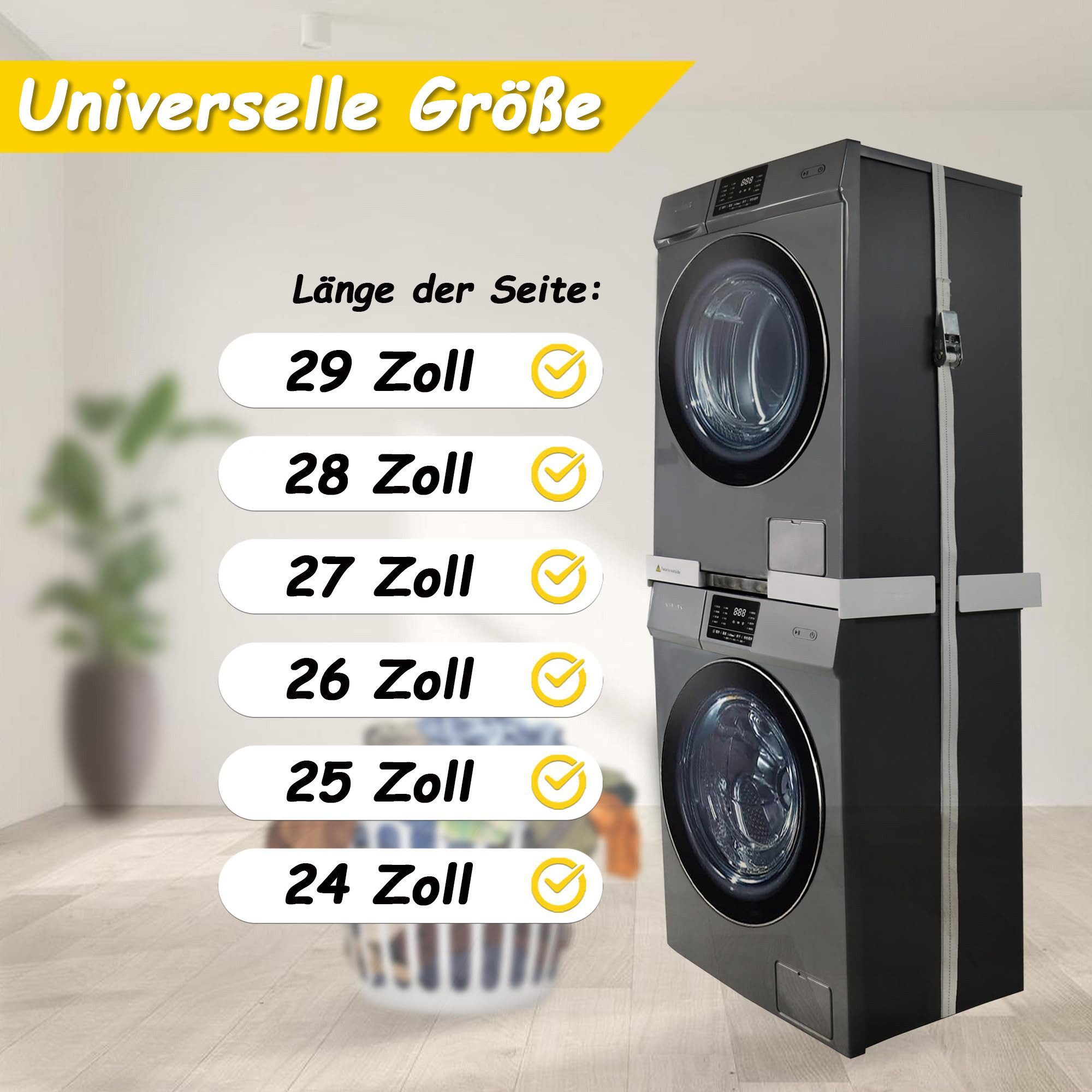 Rhein Beleuchtung Zwischenbaurahmen Universeller Zwischenbaurahmen für Waschmaschine & Trockner (8 Gummihalterungen, 1 Befestigungsband, 1 Stapelplatte, 1-St., mit Ratschenseil & Gummihalterungen), platzsparend, Geeignet für 24- bis 29-Zoll-Waschmaschinen