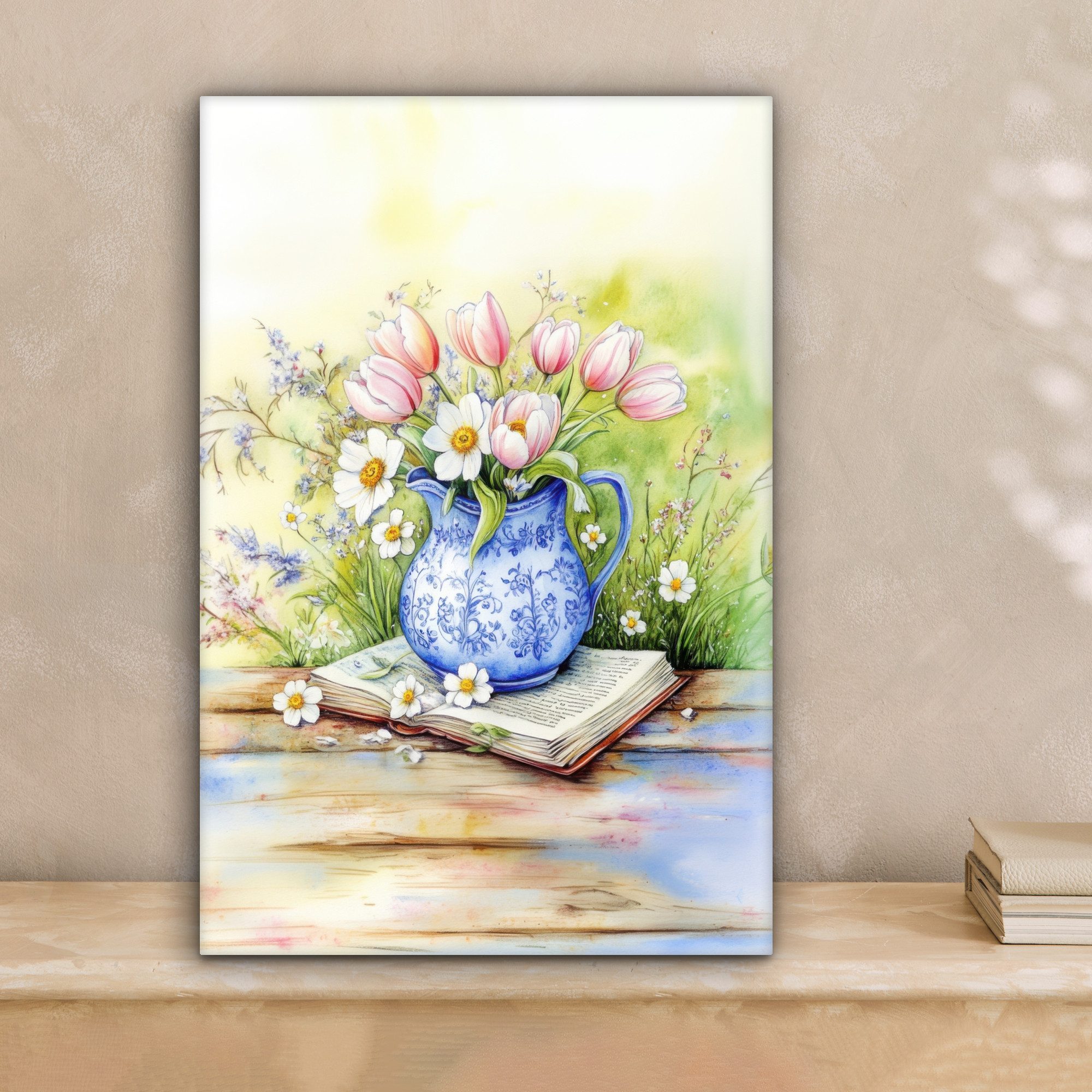 OneMillionCanvasses® Leinwandbild Vase - Delfter Blau - Gänseblümchen, Foto günstig online kaufen
