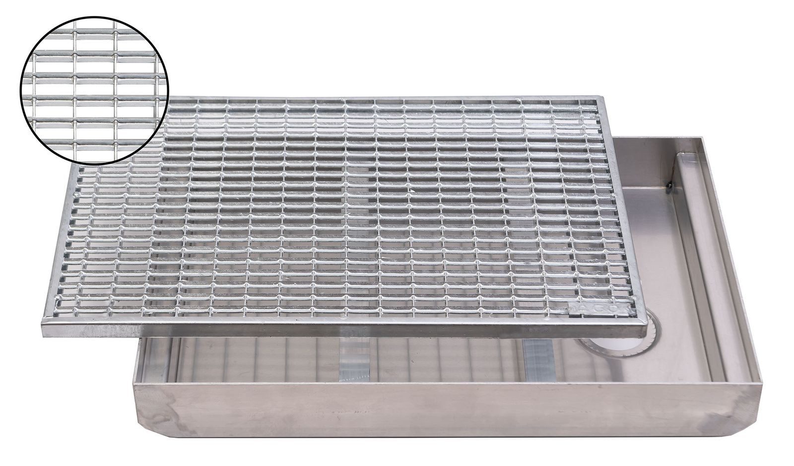 ACO Severin Ahlmann GmbH & Co. KG Fußmatte Schuhabstreifer Maschenrost mit V-Stab + Aluminium Bodenwanne, rechteckig, Höhe: 75 mm, 600x400mm, für den Außenbereich, Ablauf DN50