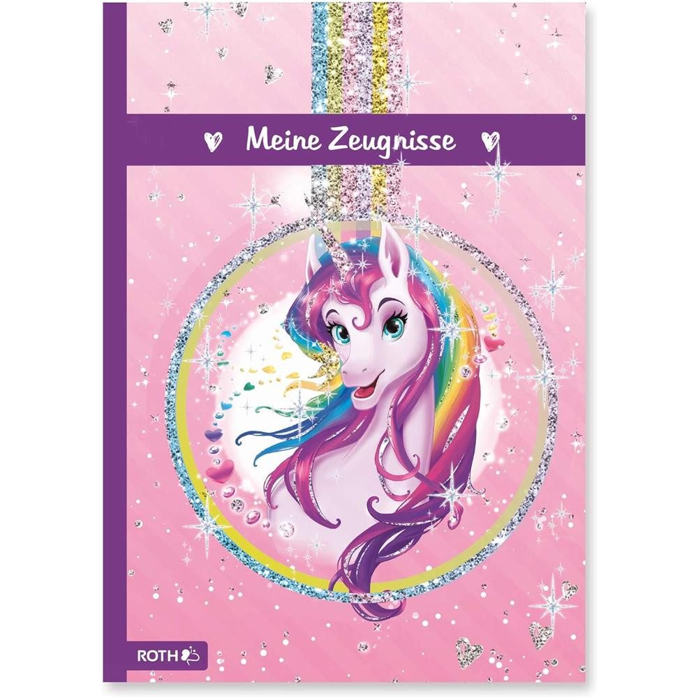 Roth Organisationsmappe Zeugnismappe A4 Motiv Einhorn Portrait Zeugnis Hüllen Mappe Glitzer, Einhornmotiv, Glitzereffekt, wattierter Einband, 10 Einlagen