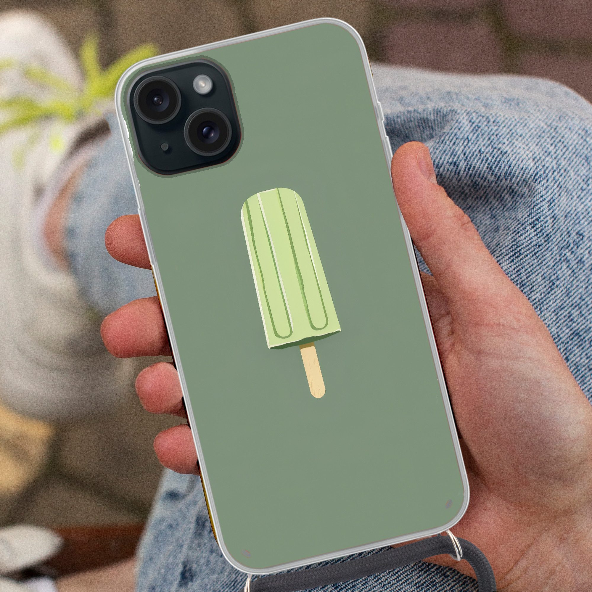 MuchoWow Handyhülle für Apple iPhone 15 Plus Grün - Wassereis - Stock - Illustration, Tragbare Handyhüllen mit Kette zum umhängen, Handykette Handyband