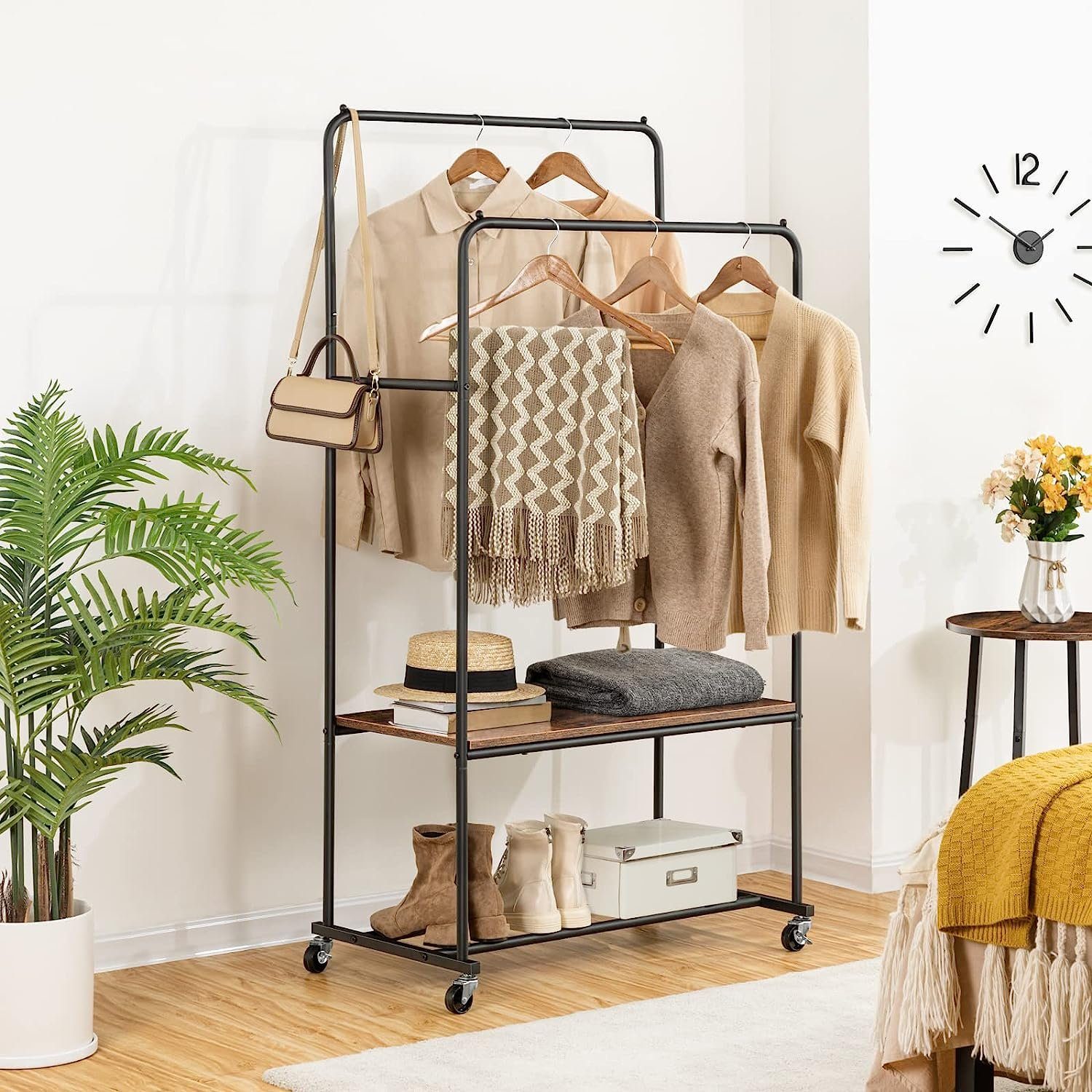 HOOBRO Garderobe Mit Ablagen & Korb - Freistehender Kleiderständer 6-Bein (Weiß)