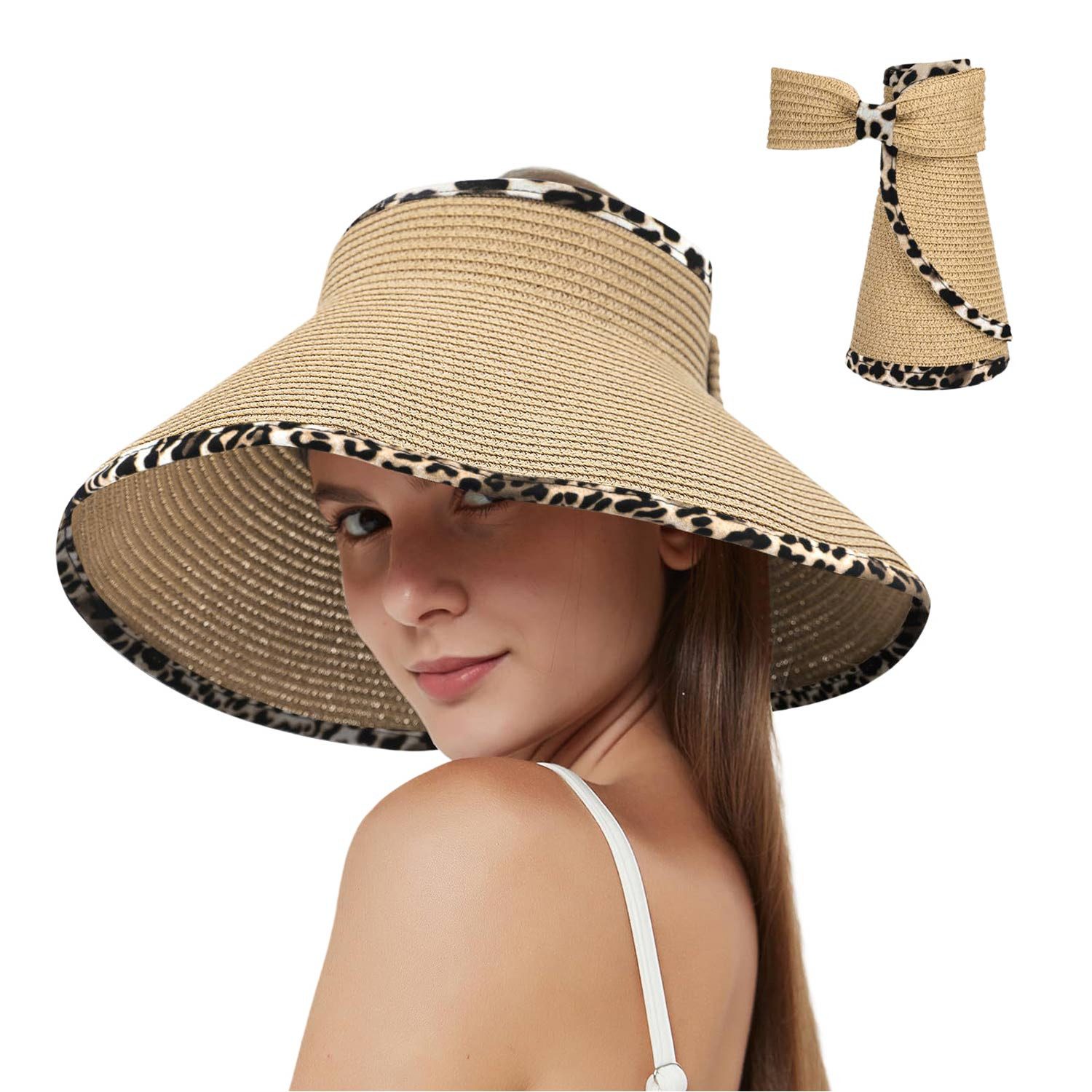 Refttenw Strohhut Sommerhut Damen Faltbaren Sonnenhut UV-Schutz Breite Krempe Outdoor Gartenhut