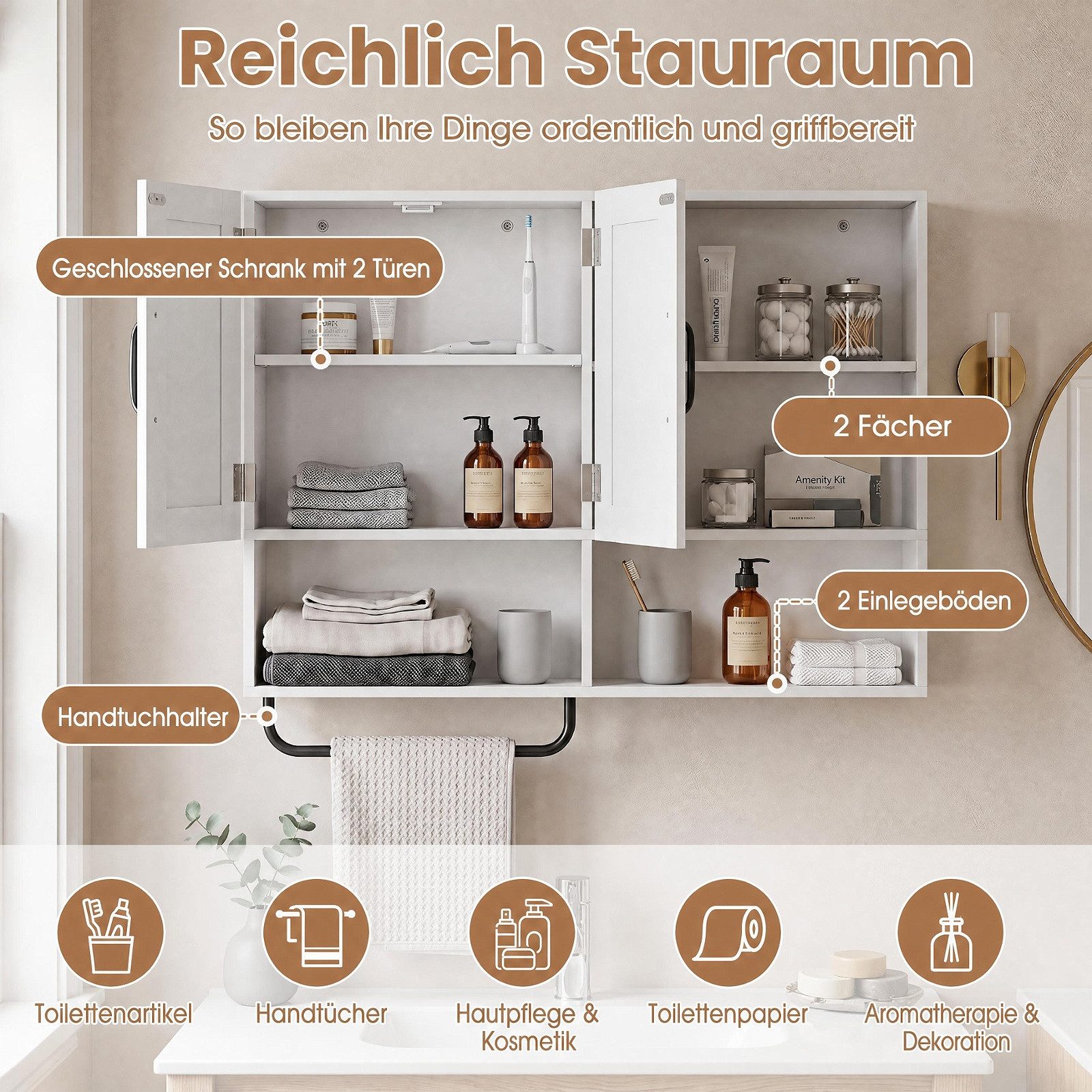 COSTWAY Hängeschrank Badezimmerschrank mit Handtuchhalter, Fächern Wandschrank Holz – Bild 3 von 5