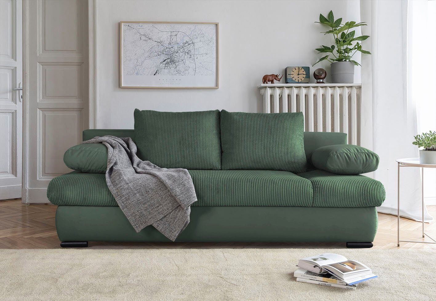 COLLECTION AB Schlafsofa Chicago, B: 200 cm, Liegefl. 146x200 cm, Schlaffunktion, Bettkasten & 2 Armlehnenkissen, Federkern