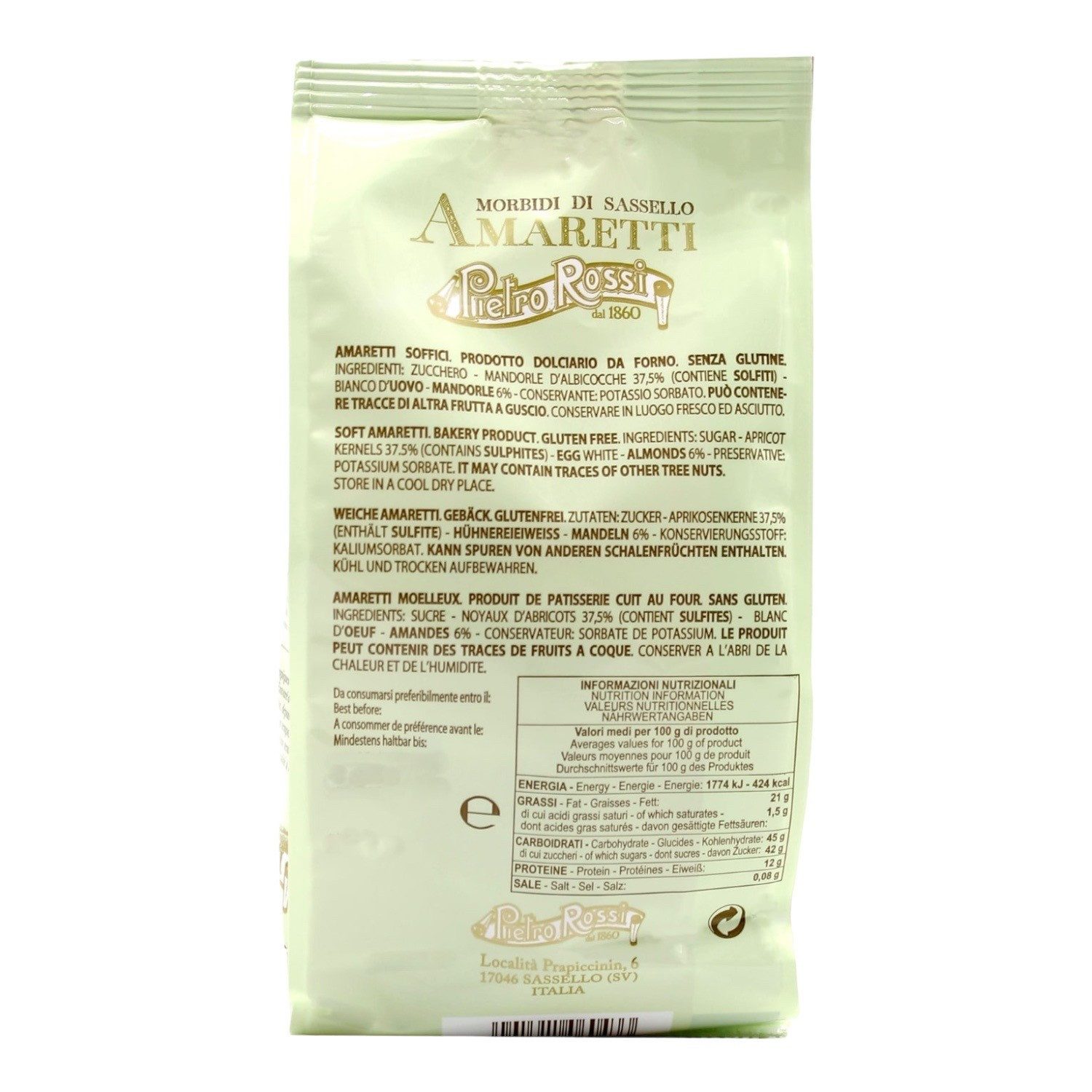Pietro Rossi Kekse Pietro Rossi Weiche Amaretti 6x120G, 6 x 120 g, (EINZELN VERPACKT] mit 37,5% Aprikosenkernen) – Bild 3 von 3