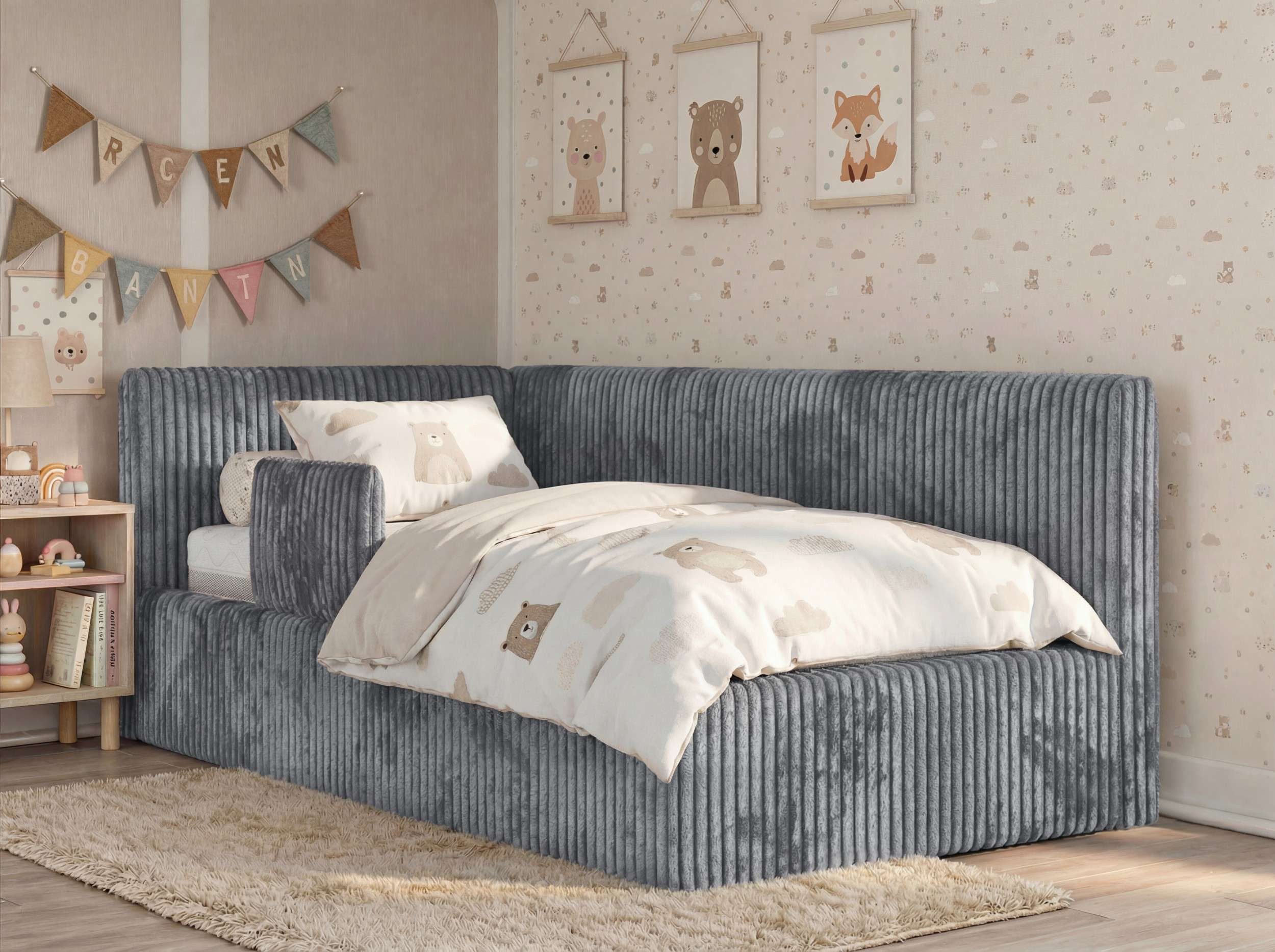 MKS MÖBEL Kinderbett TILVO ALTA (Set, Cordstoff Bett, inkl. Lattenrost, Bettkasten, Sicherheitsbarriere & Kopfteil), Eckbett mit Stauraum, Rausfallschutz & Gasdruckfedern