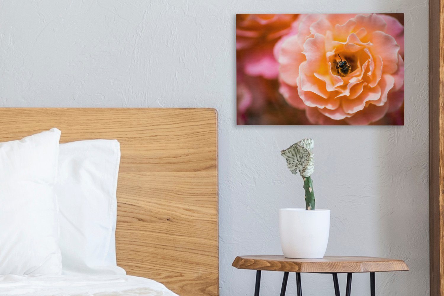 Leinwandbilder, (1 - Aufhängefertig, Blume Biene, Leinwandbild - OneMillionCanvasses® cm Wandbild Wanddeko, St), 30x20 Rose