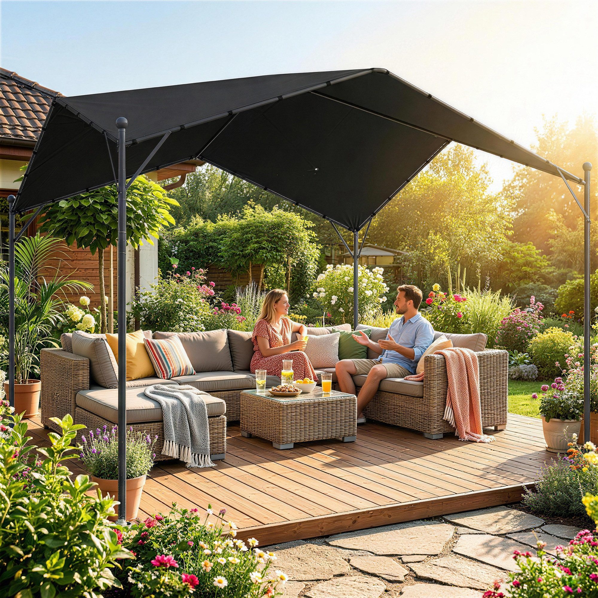 Outsunny Pavillon Pergola Wasserabweisend Stabil winterfest Sonnenschutz, mit 0 Seitenteilen, (Pergola, Sonnenschutz), für Garten Terrasse Dunkelgrau