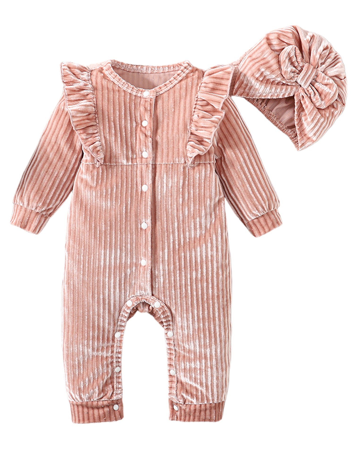 LAPA Strampler Gestreifter Samt Overall für Baby Mädchen mit Rüschen und Hut Outfit (Set, 2-tlg)