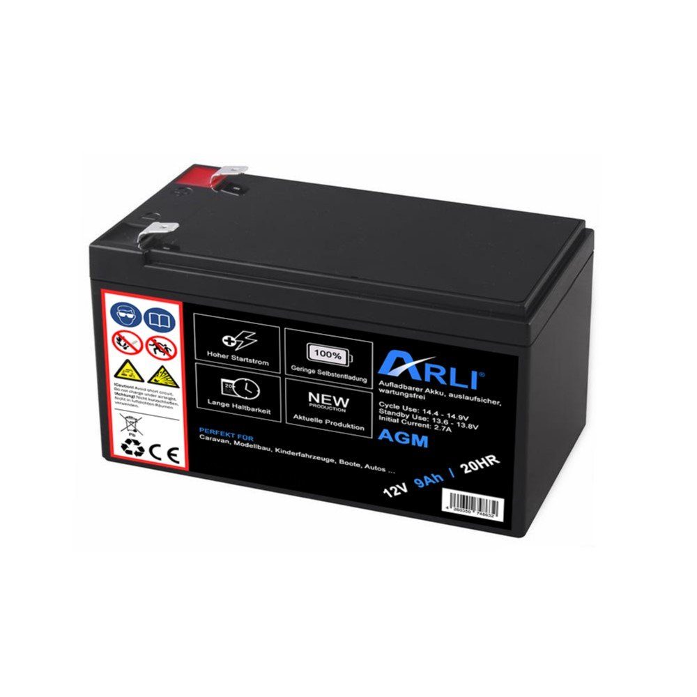 ARLI AGM Blei Akku 12V 9Ah 20HR Batterie 9000 mAh Glasfaservlies Bleiakku Bleiakkus 9000 mAh (12 V, 1 St)