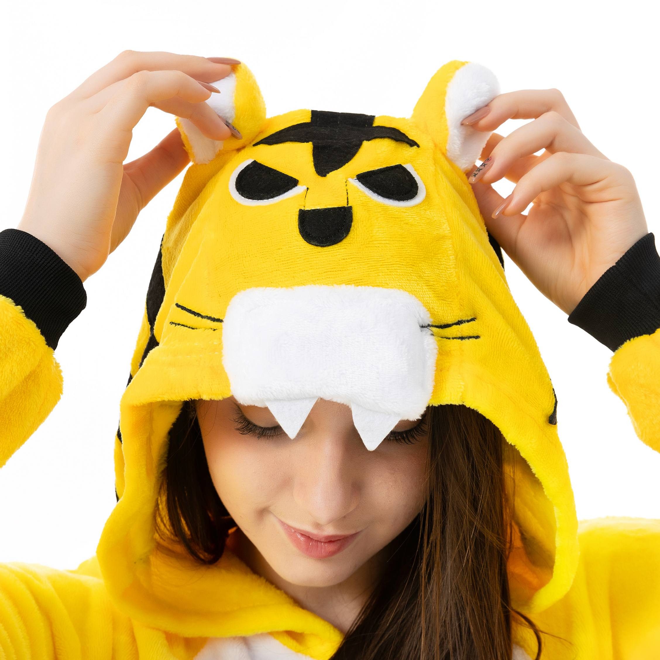 Katara Partyanzug Zoo Wilde Tiere Jumpsuit Kostüm Erwachsene S-XL, Karneval - Kostüm, Kigurumi - Tiger Gelb XL (175-185cm)