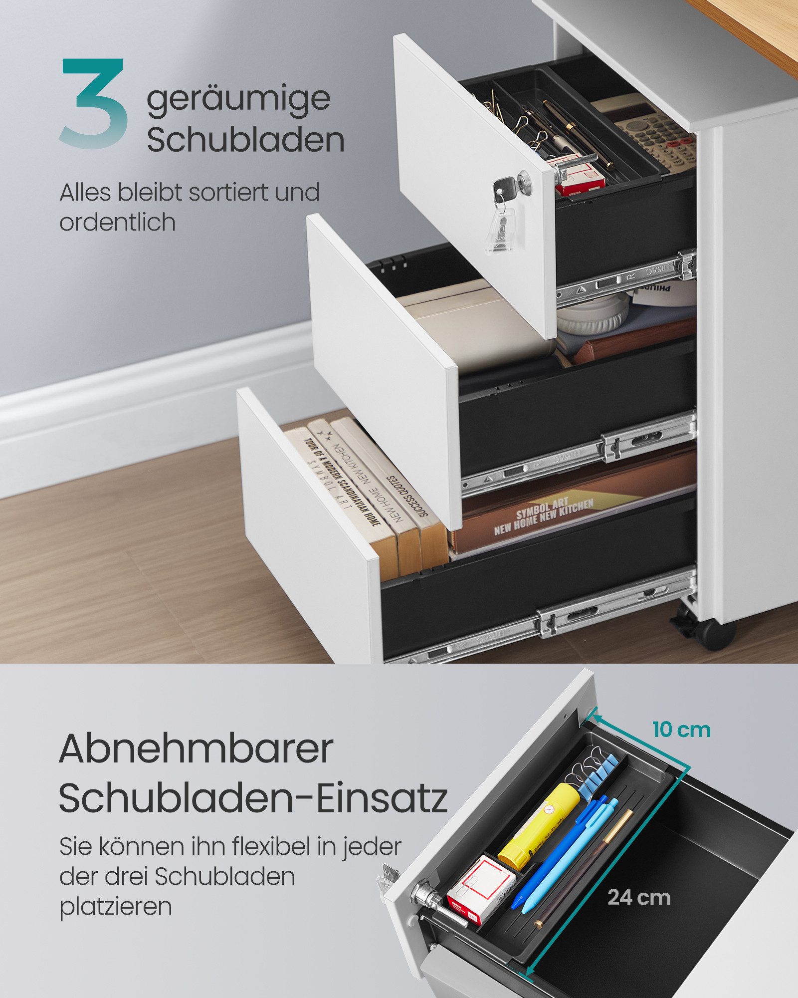 SONGMICS Rollcontainer Schubladenschrank, mobiler Aktenschrank, Metallschrank, Druckertisch, abschließbar, 3/4 Schubladen