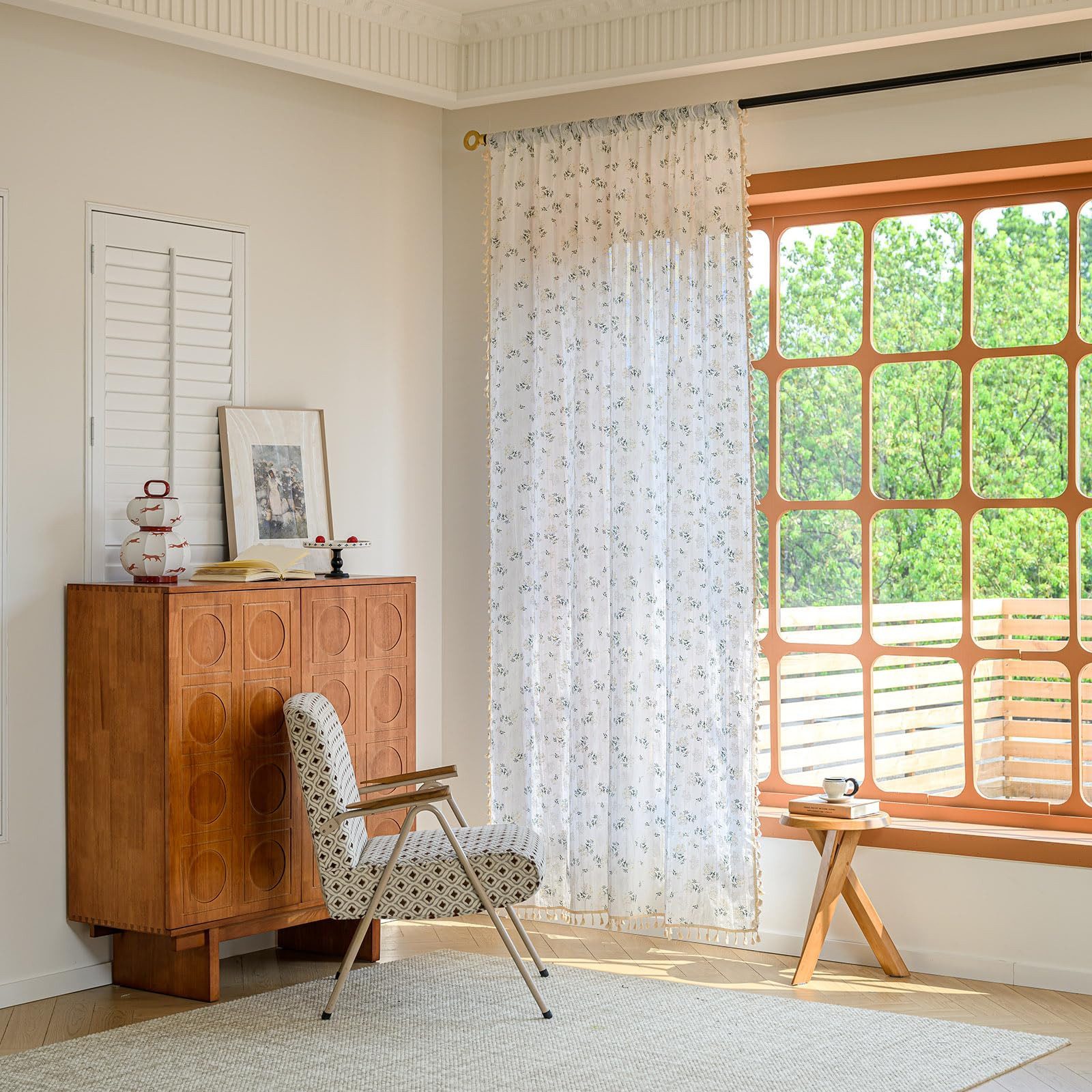 Zyronn Vorhang Gardinen Halbtransparente Gardinen, Stangendurchzug und Quasten (1 St), Bodenlange Fenstervorhänge für Schlafzimmer Wohnzimmer