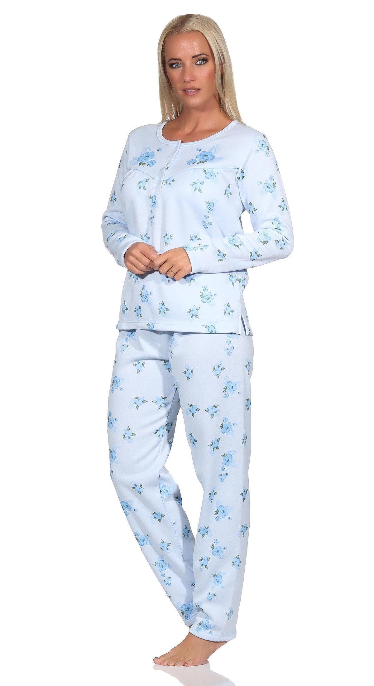 EloModa Pyjama Damen Thermo Pyjama lang zweiteiliger Schlafanzug, Gr. M L XL XXL (2 tlg) Hellblau