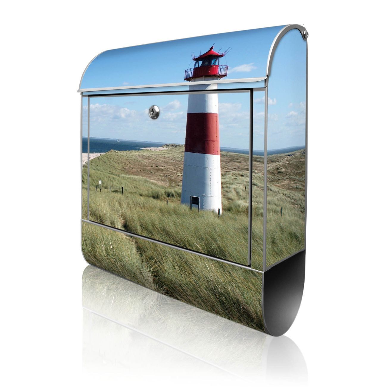 banjado Wandbriefkasten Silber Stahl mit Motiv Leuchtturm (Wandbriefkasten witterungsbeständig, pulverbeschichtet, mit Zeitungsfach), 47 x 39 x 14 cm