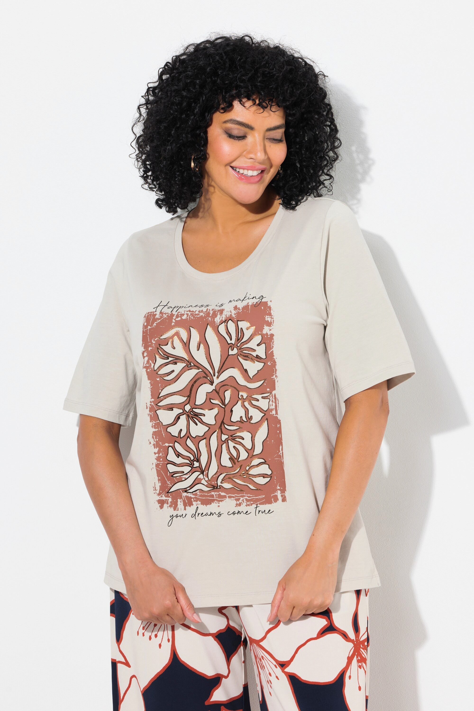 Ulla Popken T-Shirt T-Shirt Metallic-Blumen Rundhals Halbarm günstig online kaufen