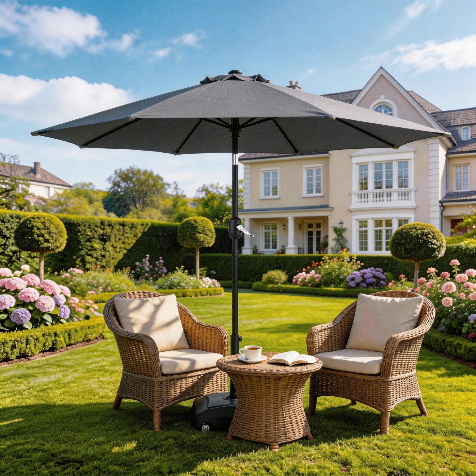 LALAHO Sonnenschirm Strandschirm Neigbar, Sonnenschirme,Balkonschirm,Gartenschirm, 270cm Gartensonnenschirm mit Kurbel & Neigefunktion