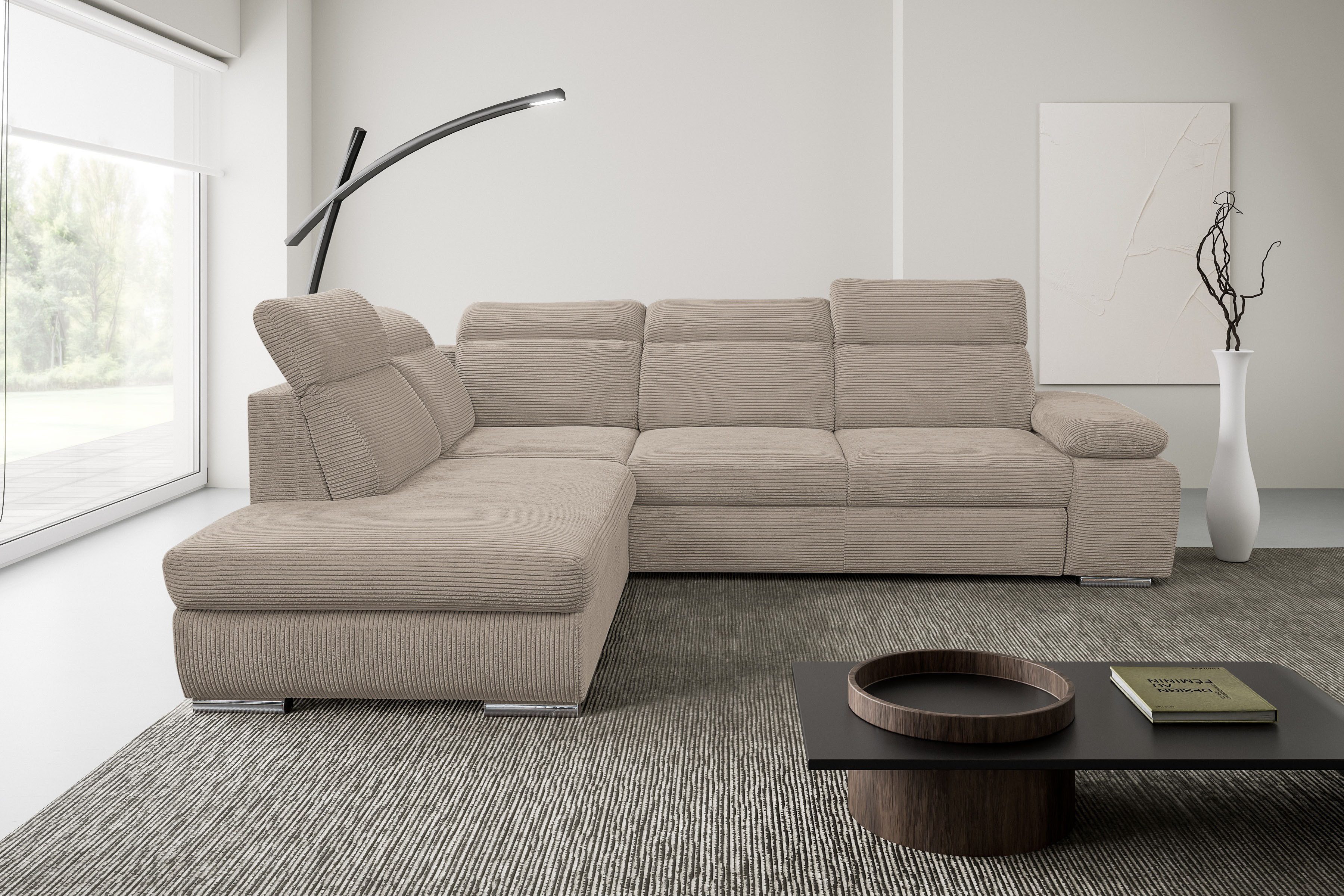 WERK2 Ecksofa Alicante Kopfteilverstellung, Bett & Bettkasten, Cord, L-Form, bequem, Cord, L-Form, XXL, Schlaffunktion, Bettkasten