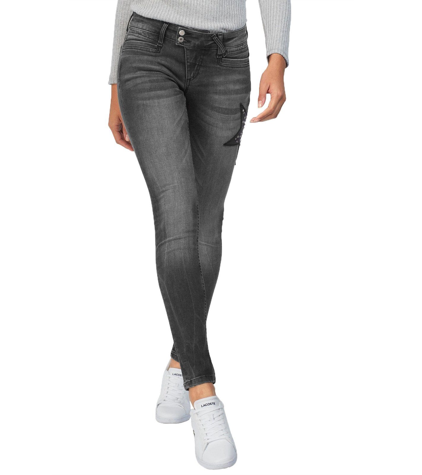 Glücksstern Slim-fit-Jeans »Glücksstern Hose Denim modische Damen Slim-Fit-Jeans  mit Sternapplikation 4-Pocket-Jeans Schwarz« online kaufen | OTTO