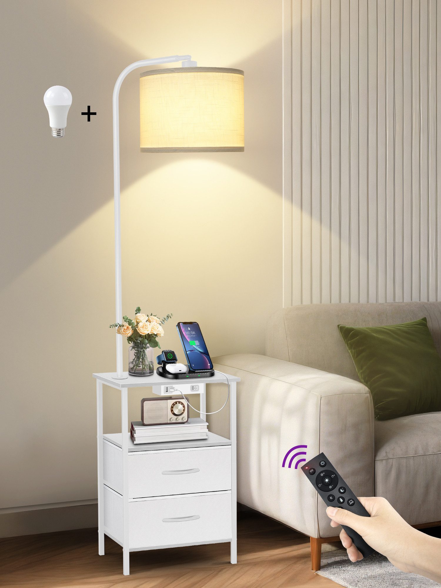OUTON Stehlampe LED-Tisch mit 2 Stoffschubladen/3 Ablagen & USB