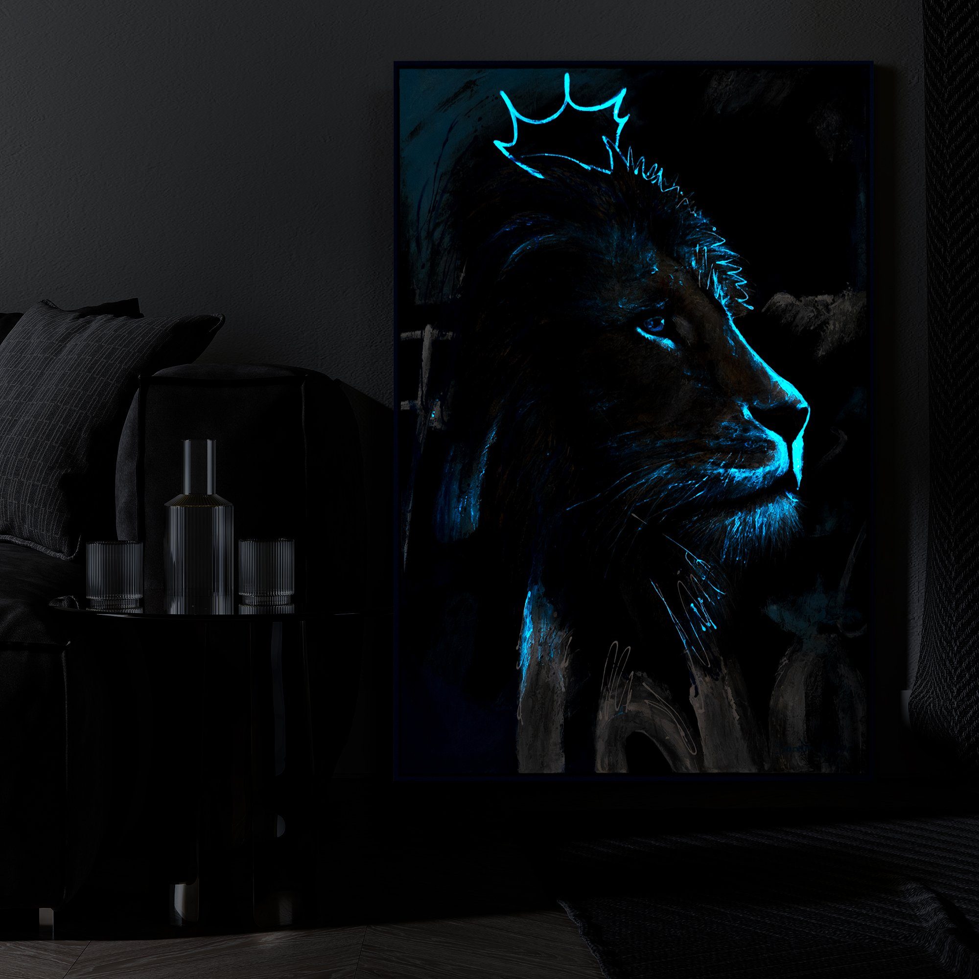 YS-Art Erwachen Kraft, Tiere Mit Rahmen Gemälde Blau in der