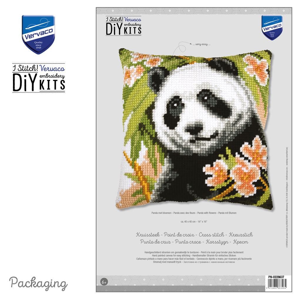 Vervaco Kreativset Kreuzstichkissenpackung Panda mit Blumen - Stickbild vorgezeichnet, (Set, Vervaco embroidery Kit), Made in Europe