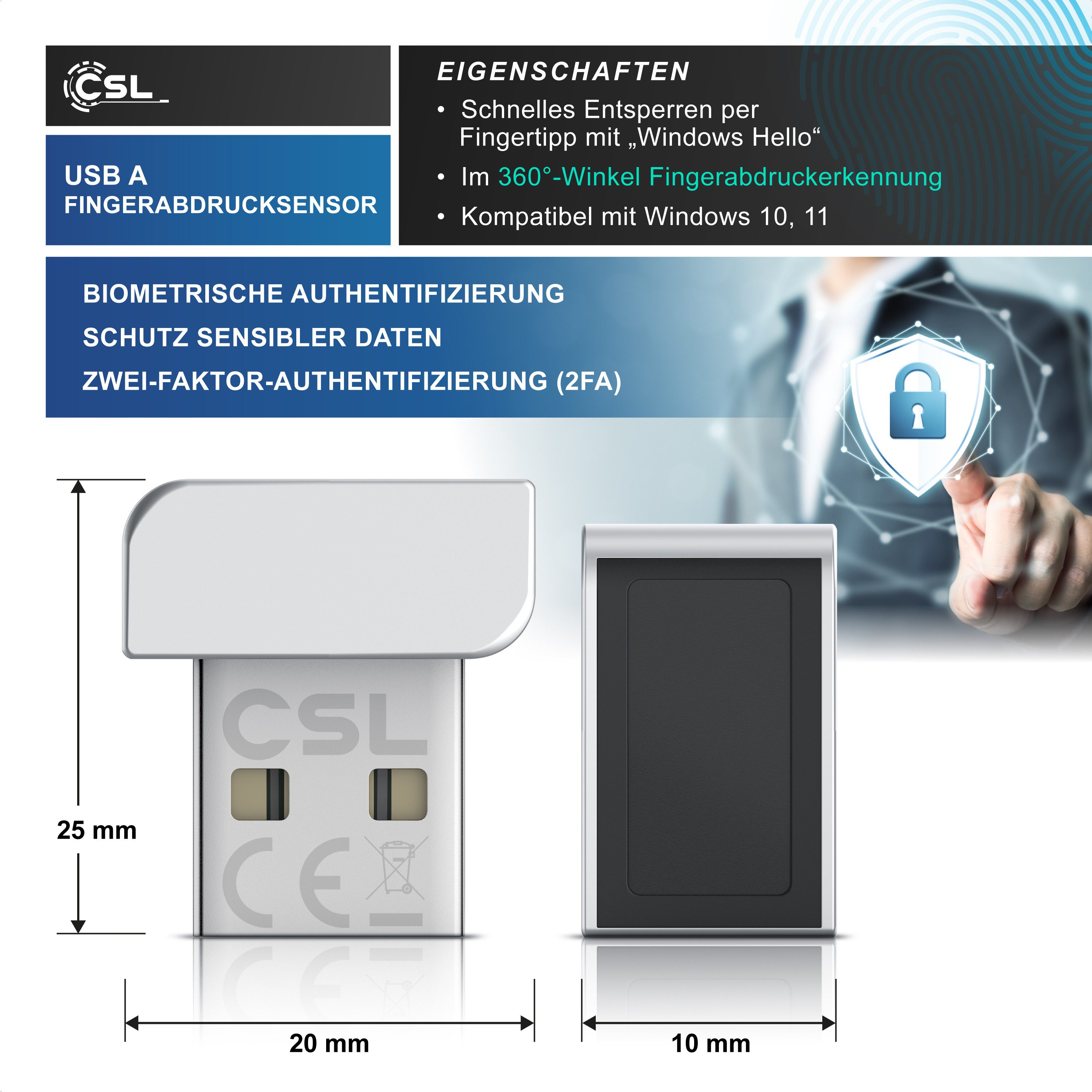 CSL Fingerabdrucksensor Fingerabdruckleser bis zu 10 IDs, biometrische Authentifizierung, (1-St), Windows 11 Hello Anmeldung, Plug & Play, 360° Rundumerkennung, USB-A