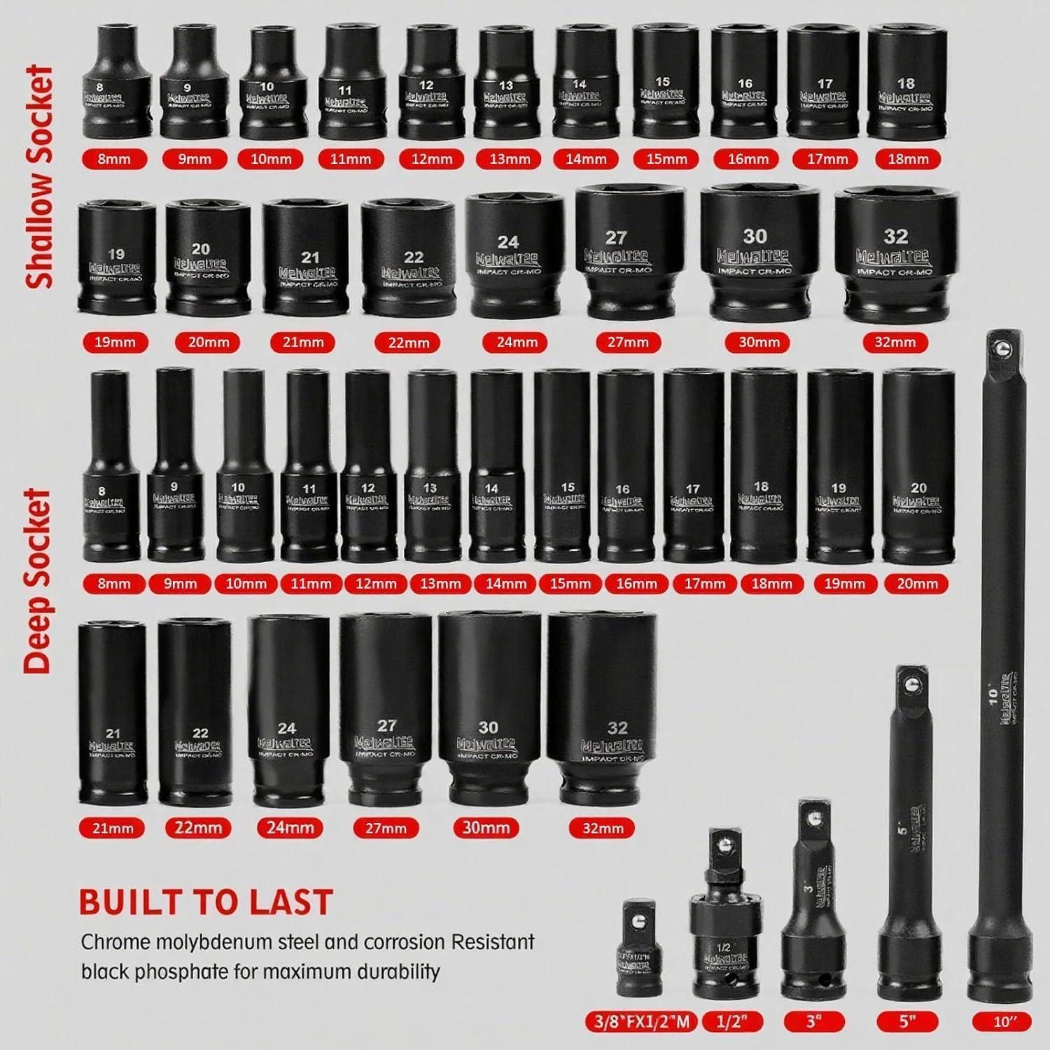 LuxusKollektion Bit- und Steckschlüsselset Schlagschrauber Nüsse 1/2 Metrisch 8-32mm Tief Flach 43 STÜCK METRISCH