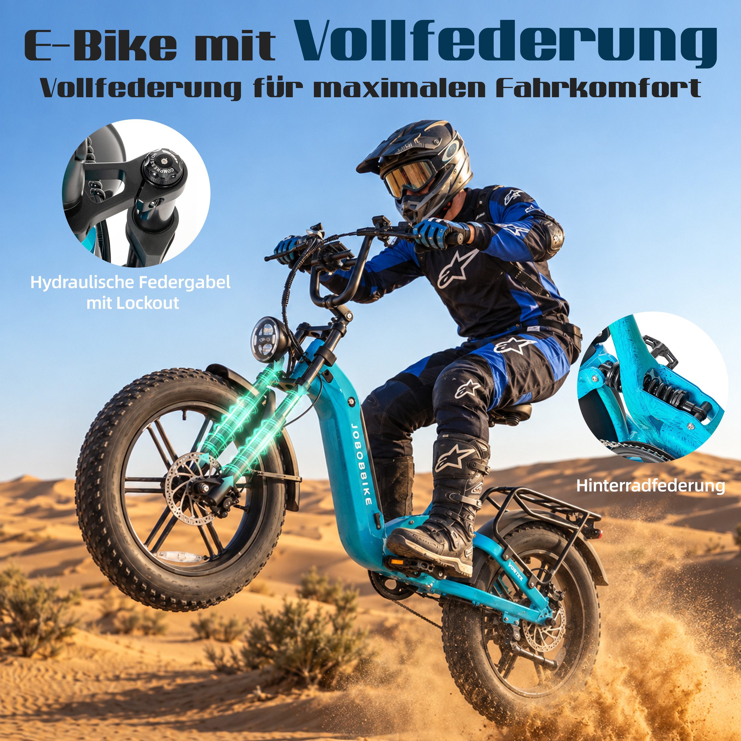 JOBOBIKE E-Bike Mountainbike 20x4,0 Zoll, 720Wh, 150km, Fully, Vollfederung, Lockout-Federgabel, 7 Gang Shimano, Kettenschaltung, Heckmotor, 720 Wh, (Hinterradf – Bild 2 von 5