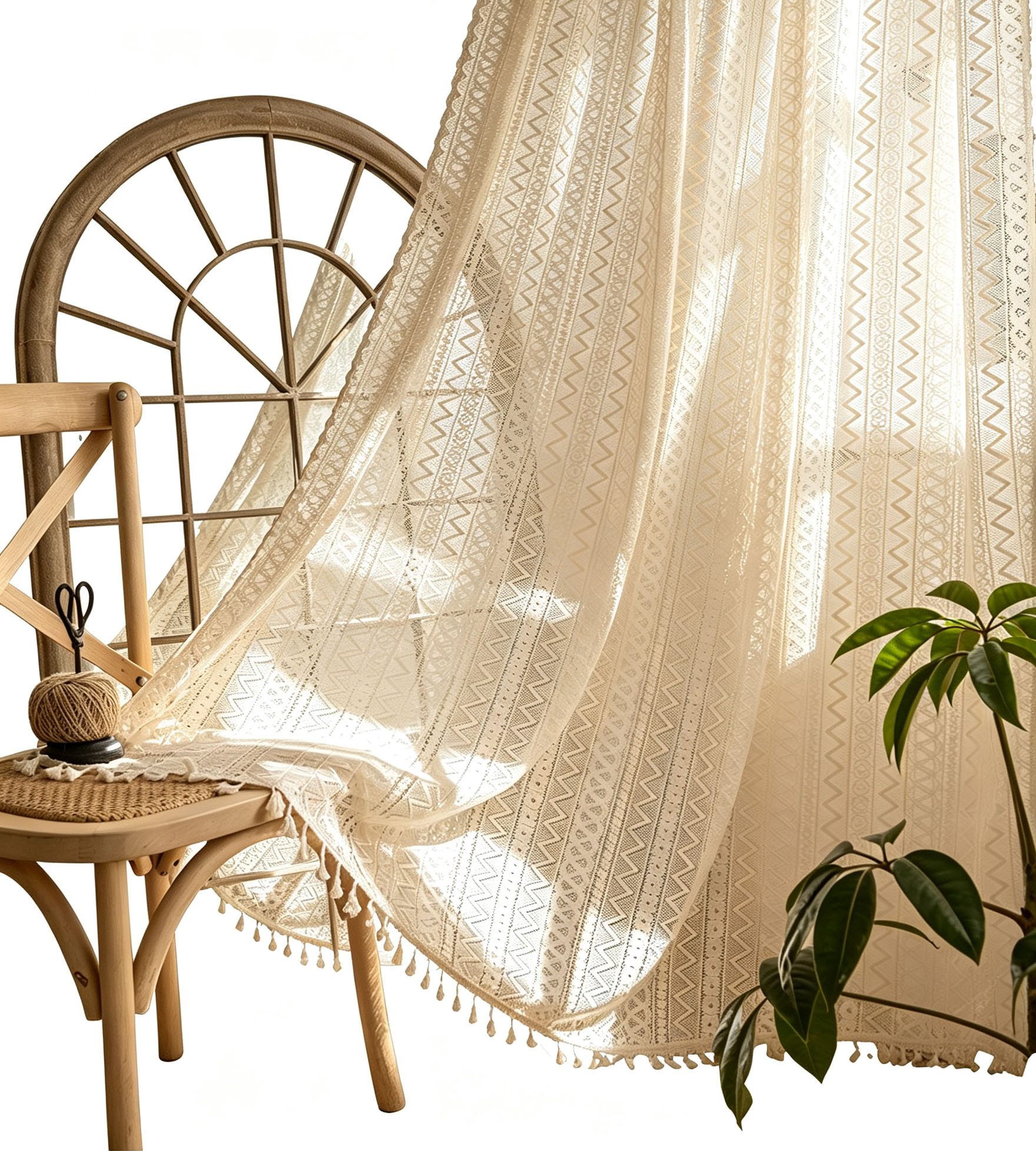 Diwzbyn Gardine Boho-Fransen-Vorhang, Vintage-Häkelspitzen-Gardine, Wellenförmiger Ösenvorhang aus Voile für Wohnzimmer und Schlafzimmer