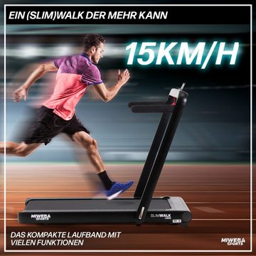 Miweba Sports Laufband Modernes Profi Sportgerät SlimWalk S600 - 17 km/h - Ultra Dünn (Treadmill, Trainingsgerät, Speedrunner, Fitness, Workout, 2-tlg., inkl. Fernbedienung, Touchscreen-Display, Bluetooth, Safety Key mit Klemme, 1100 W DC-Motor, 4.5 PS, Smartphonehalterung, 120 kg Traglast, Transportrollen), Heimtrainer Fitnessgeräte Sportgeräte für Zuhause elektrisch