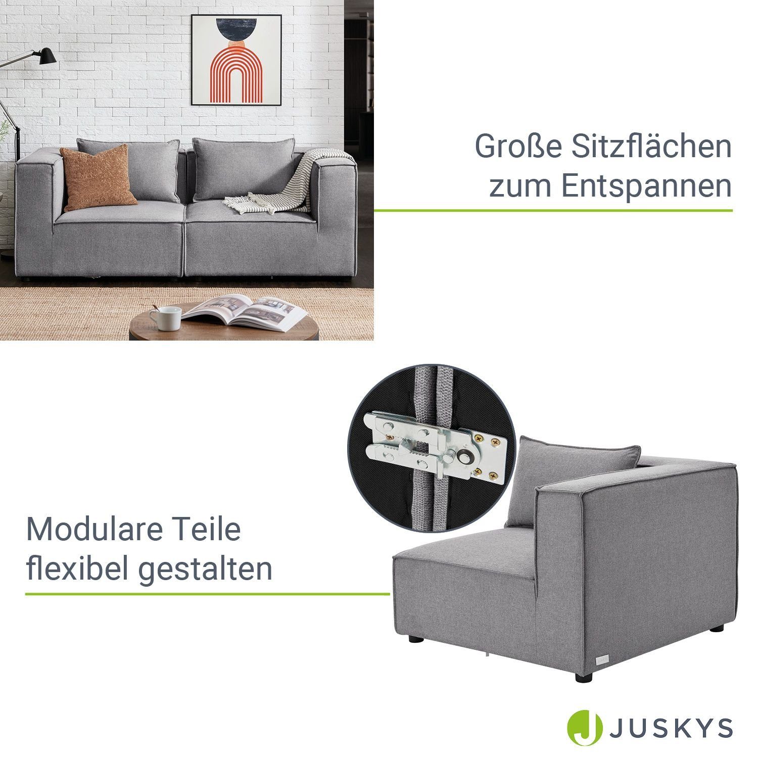 Juskys 2-Sitzer Domas, 2 Garnitur für Wohnzimmer, modulare S, Armlehnen mit Teile, & Kissen Couch