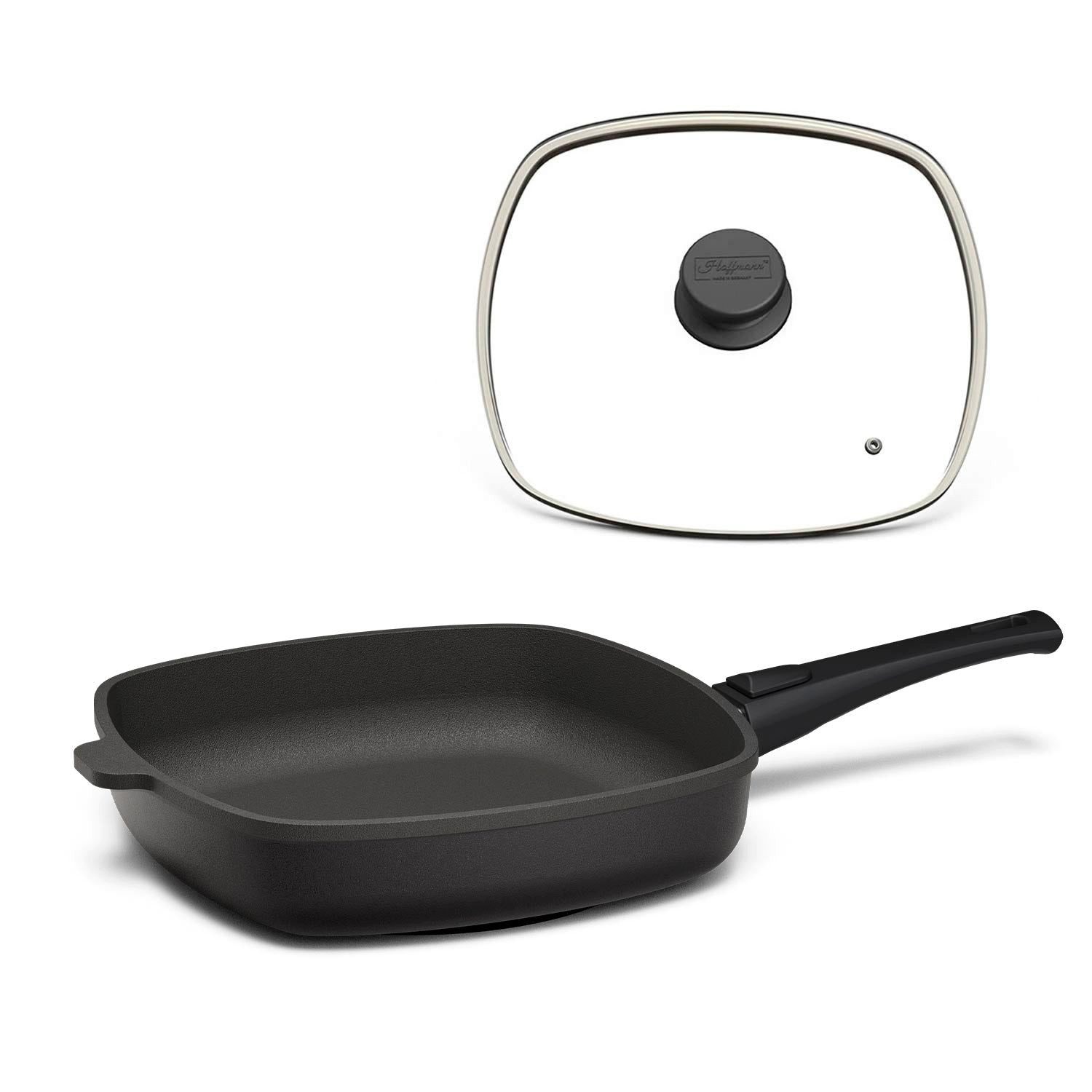 Hoffmann Germany Bratpfanne STONIQ Viereckpfanne 28×28 PFAS-frei mit Glasdeckel – Made in Germany, Aluguss (Set, 2-tlg., 1x Viereckpfanne 28×28 cm + 1x Glasdeckel), IQ-SHIELD, Induktion, abnehmb. Griff, backofenfest 300°C, 2,4 l