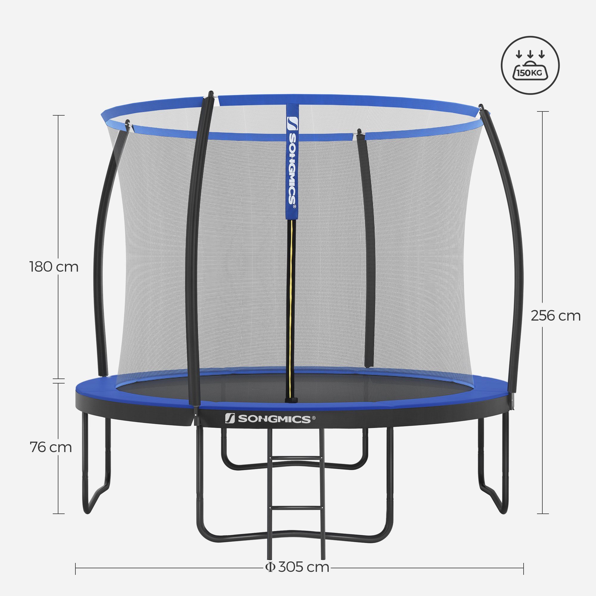 SONGMICS Gartentrampolin Ø 244/305/366/427 cm, Ø 305 cm, bis zu 80-150 kg belastbar, Trampolin mit Leiter und Sicherheitsnetz