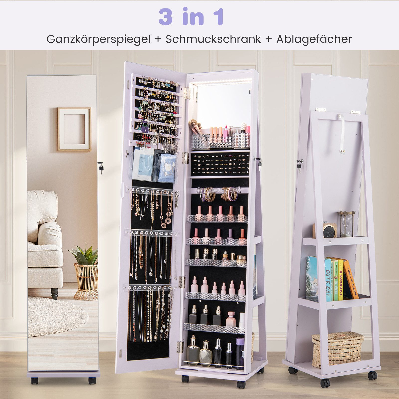 COSTWAY Schmuckschrank mit Spiegel & LED, auf Rollen, stehend, abschließbar günstig online kaufen