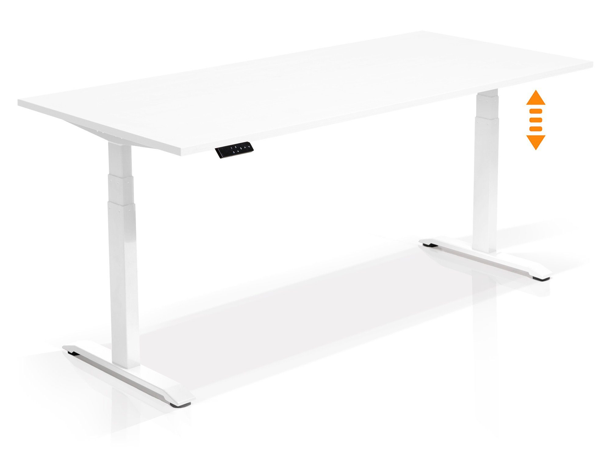 Moebel-Eins Schreibtisch, OFFICE ONE elektrisch höhenverstellbarer Schreibtisch / Stehtisch, Material Dekorspanplatte weiss | weiss