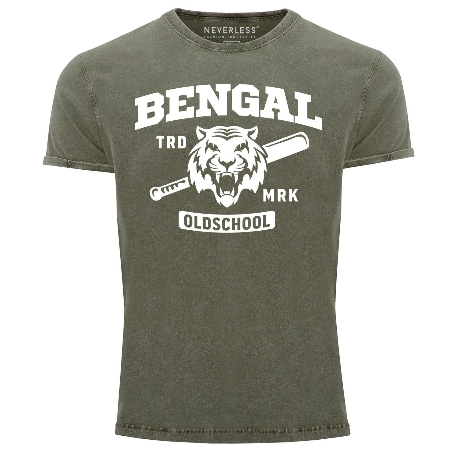 Sport Vintage Slim Shirt Used oliv Bengal Tiger Neverless Printshirt mit Baseball Print-Shirt T-Shirt Neverless® Look Herren Fit Aufdruck USA Print