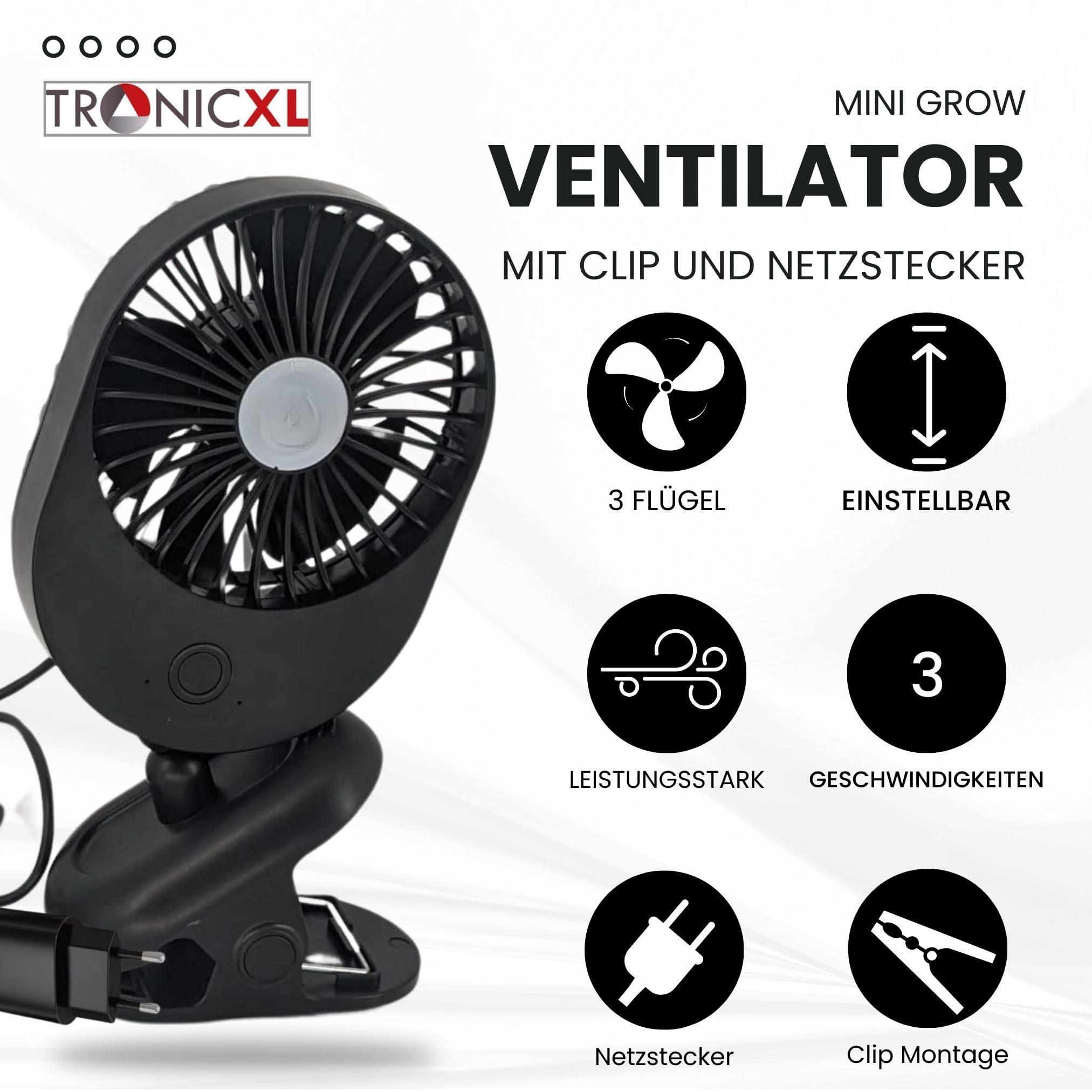 TronicXL Tischventilator Ventilator Grow mit Clip Kabel 230V für Growbox Zubehör Steckdose Fan, klein für Zelt Box Grower