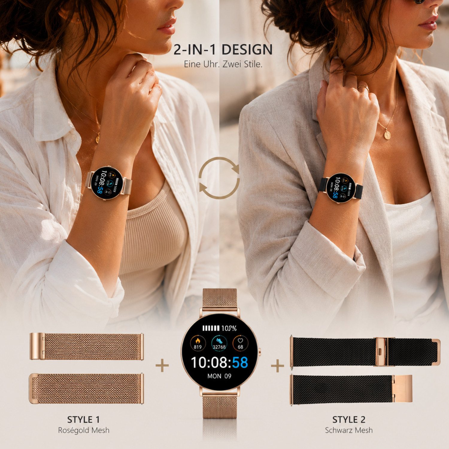 XCOAST SIONA 2 Damen Smartwatch (4,2 cm/1,3 Zoll, iOS und Android) Kostenloses Zusatzarmband enthalten / Gehäuse Rosegold (hell), 4-tlg., - 2in1 PROMOPACK (enthält 2 Mesh Armbänder: Schwarz und Rosegold) -, Wasserdicht/Flach/Puls/Blutdruck/Blutsauerstoff/