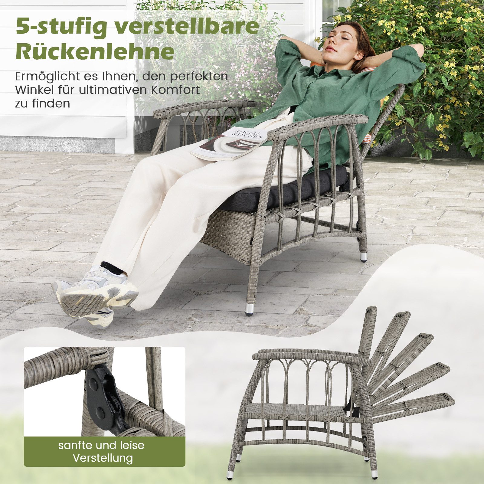 COSTWAY Gartenlounge-Set, (3-tlg), Terrassenmöbel-Set, 5-Fach verstellbar, PE