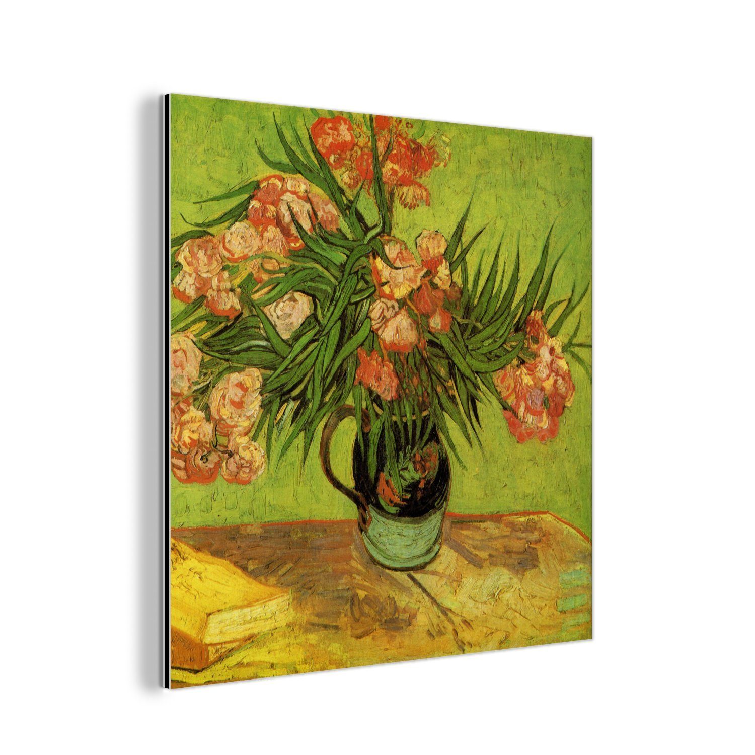 MuchoWow Metallbild Stillleben Vase mit Oleander und Büchern - Vincent van Gogh, (1 St), Alu-Dibond-Druck, Gemälde aus Metall, Aluminium deko