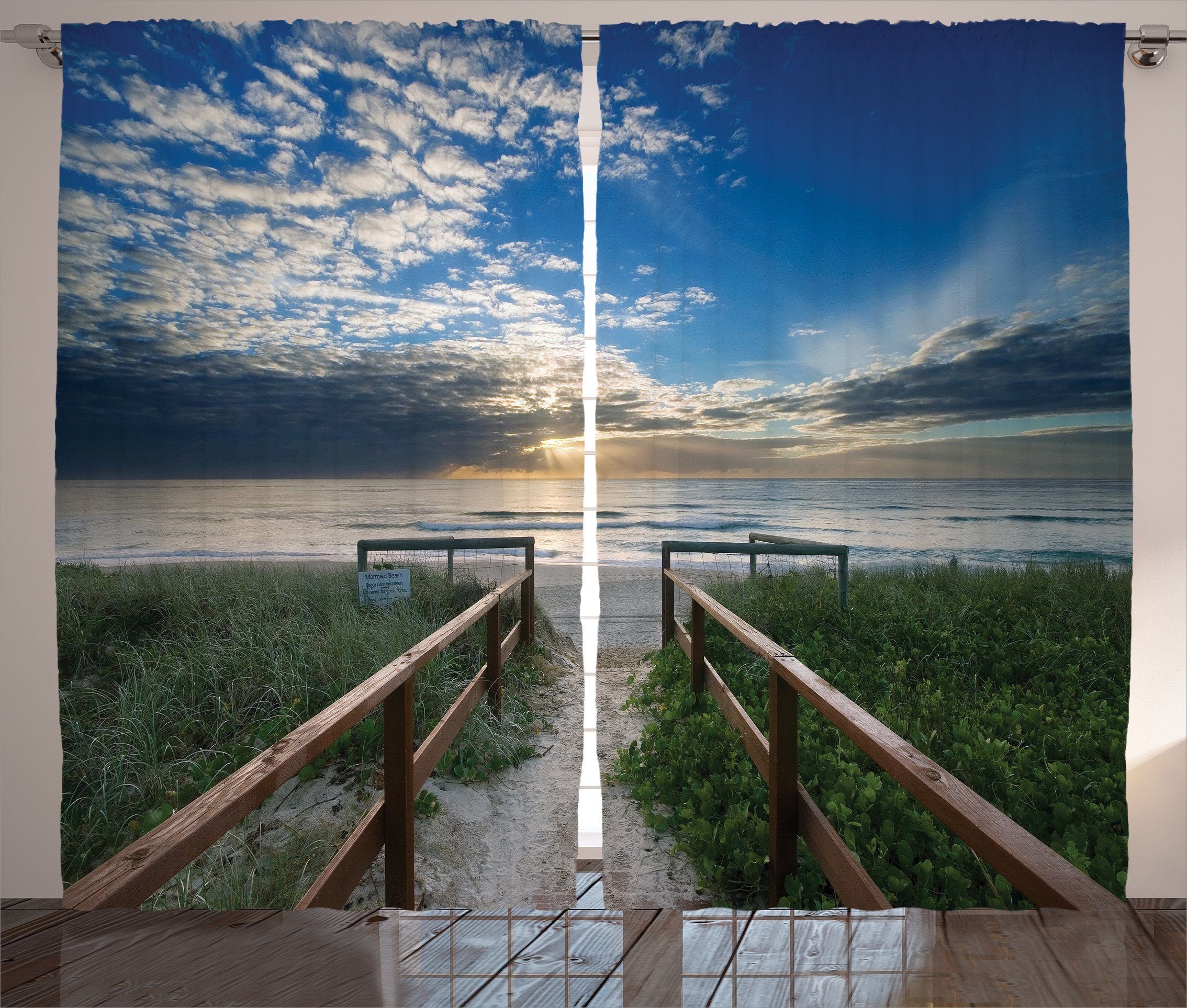 Schwimmen Strand Schlafzimmer Gardine mit to und Pathway Schlaufen Sea Vorhang Haken, Abakuhaus, Kräuselband