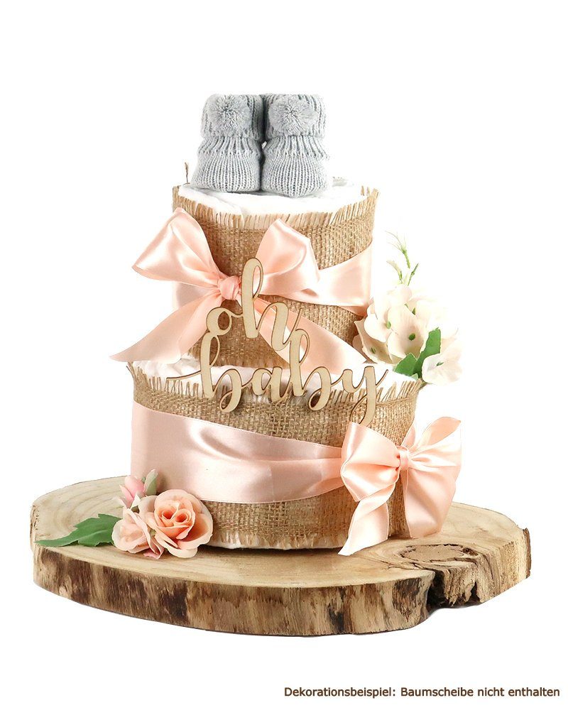 dubistda-WINDELTORTEN- Neugeborenen-Geschenkset Windeltorte ALLES JUTE Caketopper und apricot "Oh Baby"-Holz Booties Baby mit