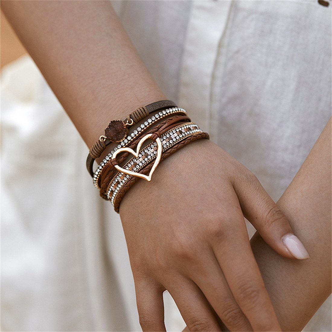 mehrlagiges Armband Magnetverschluss Liebe Schmuck Braun mit DÖRÖY Lederarmband Armband Bohème