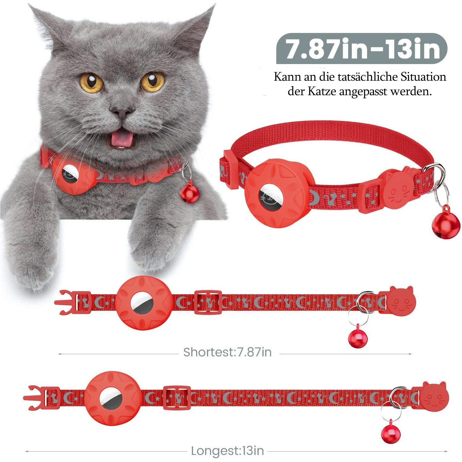 TUWENA Katzen-Halsband Airtag Katzenhalsband Reflektierendes mit Glocke, Sicherheitsschnalle, mit AirTag Halter und Glocke