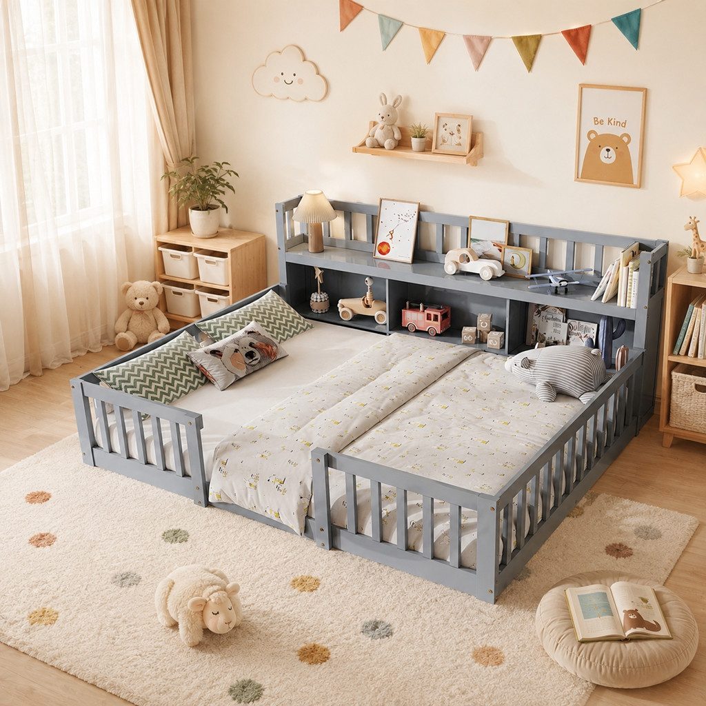 Simurq Kinderbett Bodenbett 140x200 cm, Massivholzbett mit Rausfallschutz & Lattenrost (1-tlg, Montessori Bett 140x200 mit Stauraum), Jugendbett, Bettrahmen aus Massivholz, modernes Design